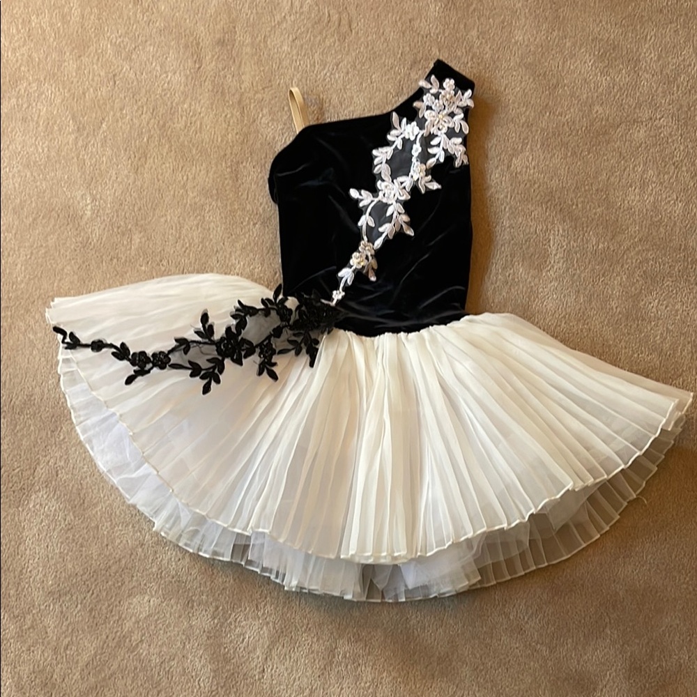 Weissman Girls Kids Black and White Dance Costume with Floral Appliqué